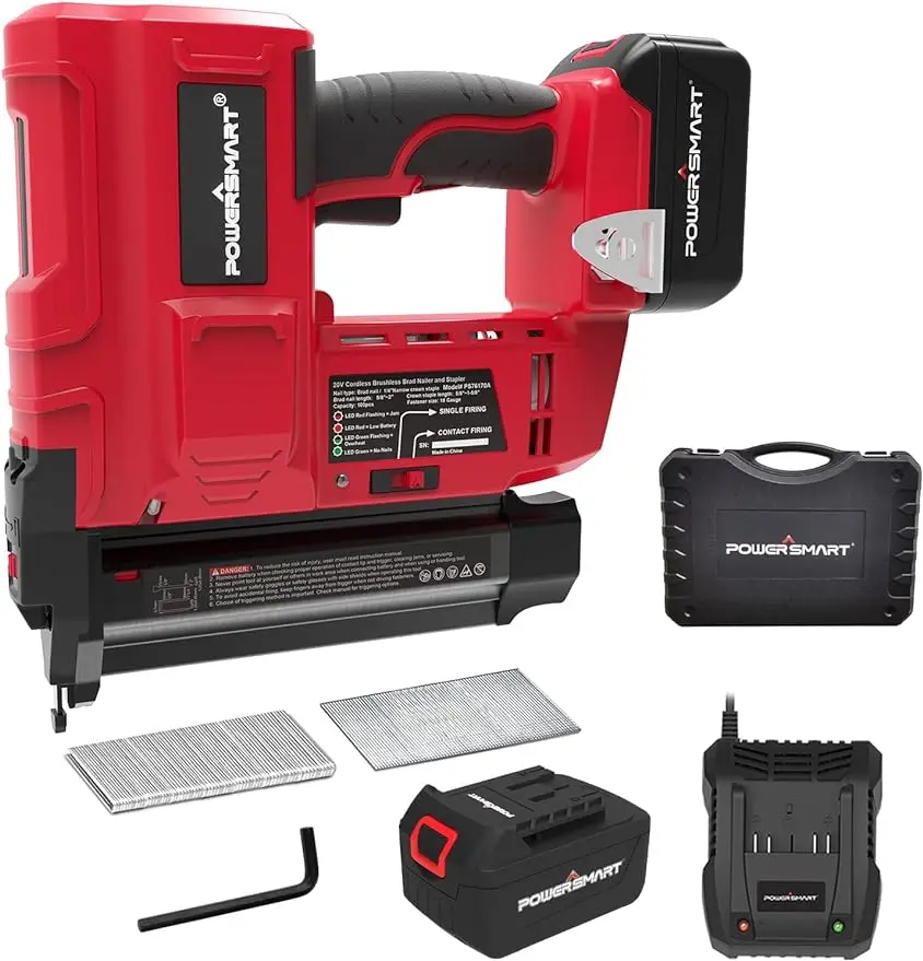 

PowerSmart 20V Cordless Brad Nailer Kit, 18 Gauge Nail Gun, 2 in 1 Nail/Staple Gun with 4.0Ah Lithium-Ion Battery and Fast