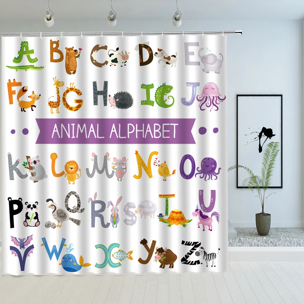 

Штора для душа с мультяшными буквами и животными, водонепроницаемая тканевая занавеска для ванной с рисунком ABC, с крючками, декор для ванной комнаты