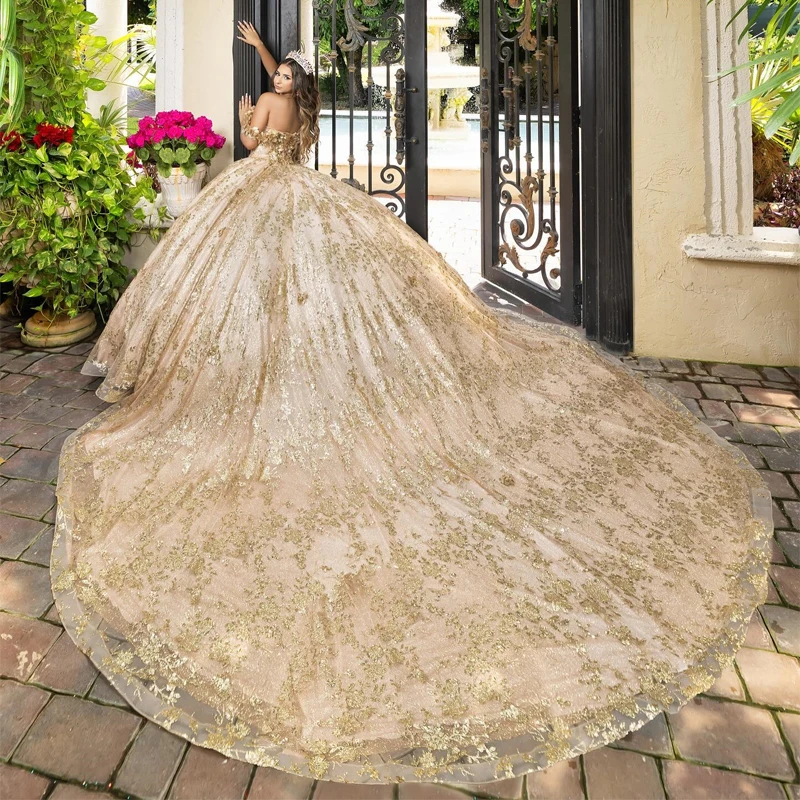 

Sparkly Rose Gold Princess Quinceanera Dresses Off Shoulder Ball Gown Glitter Appliques Lace Crystals Beads Tull Sweet 15th Dres