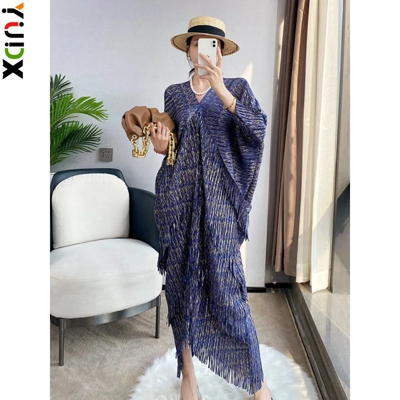 

YUDX Miyake Pleated Spliced Tassel Dress Women V Neck Batwing Sleeve Medium Long Spring Summer New 2024 Elegant Female Fashion