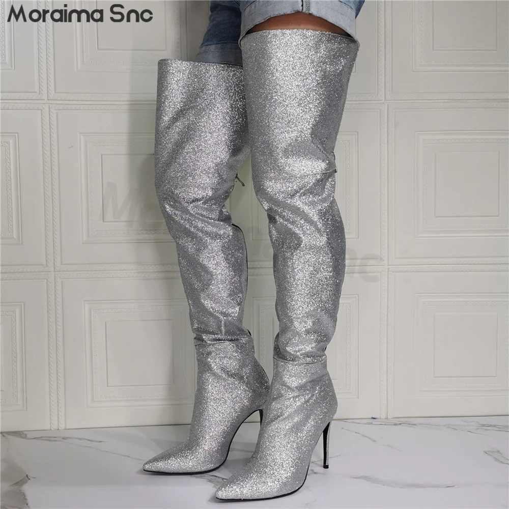 Women's Sexy Silver Glitter Thigh boots Larger Size Pointed-Toe Catwalk Over-The-Knee Boots Back Zipper Fashion Thigh Boots
Women's Sexy Silver Glitter Thigh boots Larger Size Pointed-Toe Catwalk Over-The-Knee Boots Back Zipper Fashion Thigh Boots
