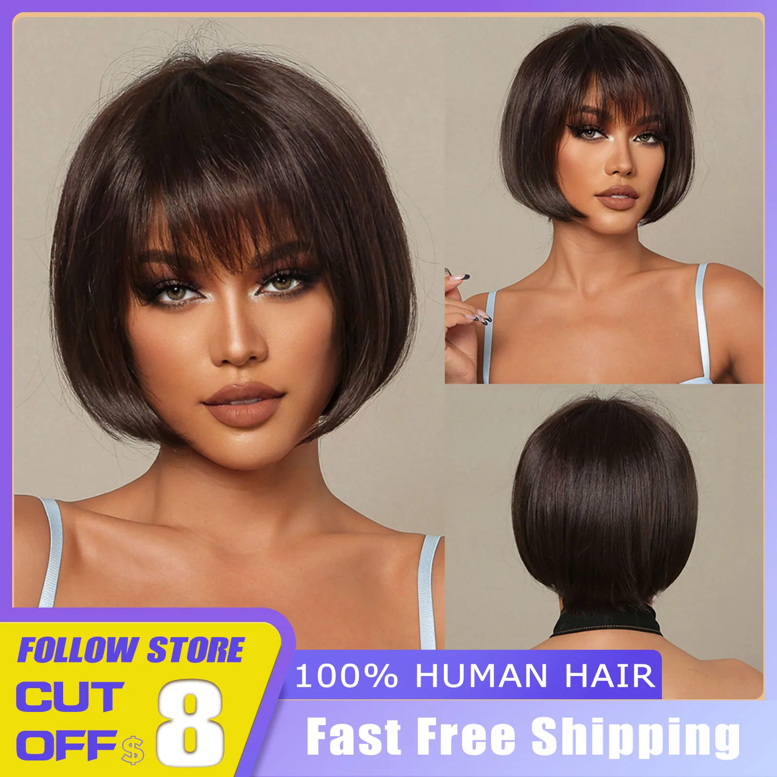 

EASIHAIR Short Brown Hair Short Pixie Cut Wigs Blend Wig with Bangs for Women Synthetic Wigs Mixed With Human Hair Daily Party