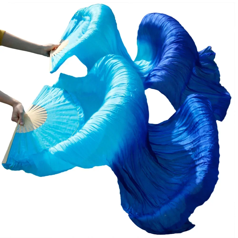 

1 пара, веер из натурального шелка 100%, окрашенные вручную бамбуковые ребра, шелковые веер для танца живота, реквизит для женщин, шелковые веера бирюзового + Королевского синего цвета, 180*90 см