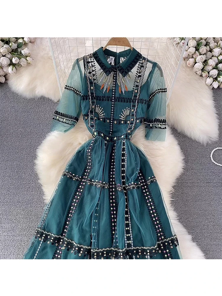 2023 Summer Green Mesh Embroidery Dress Women's Short Sleeve Vintage Dot Embroidered Tulles Elegant Evening Party Long Vestido
2023 Summer Green Mesh Embroidery Dress Women's Short Sleeve Vintage Dot Embroidered Tulles Elegant Evening Party Long Vestido