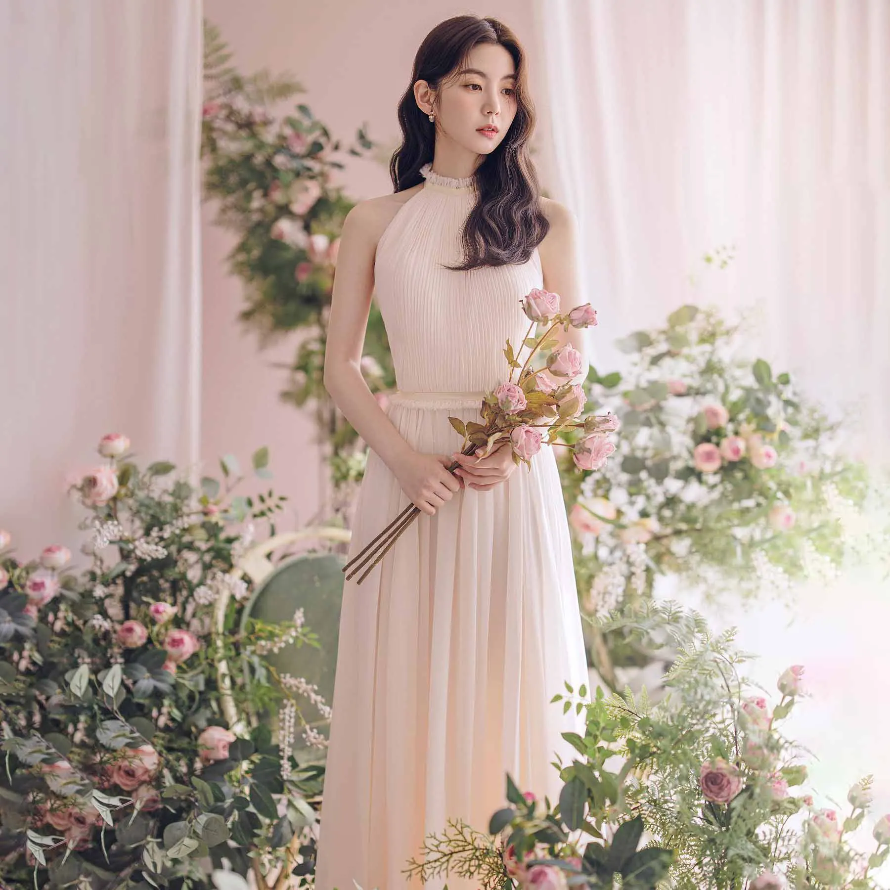 

GIOIO O-Neck Korea Garden Evening Dresses Pink Pleat Sleeveless Formal 프롬드레스 Floor Length Elegant Prom Growns Party Women Bride