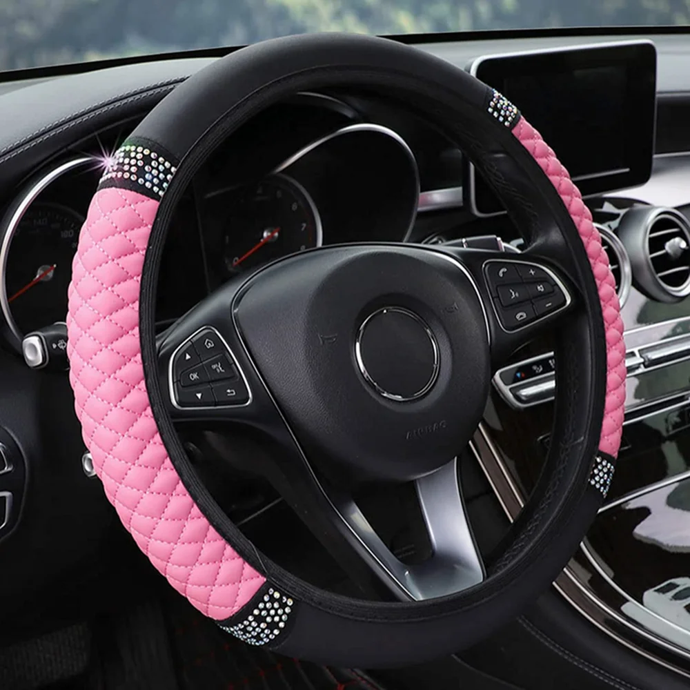 

Bling Leather Steering Wheel Cover,PU Soft Leather with Crystal Diamond, Sparkling Car Accessories for Most Cars (Pink)