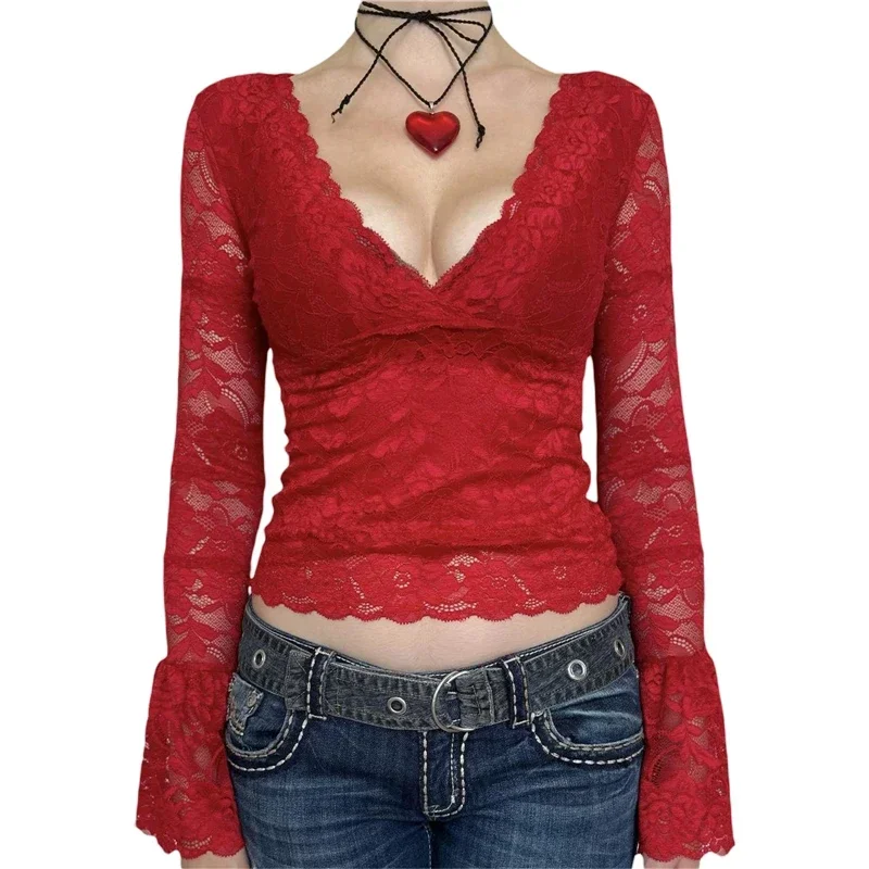 

Temperament Slim Fitting Lace Top Y2k Clothing Women's Perspective V-neck Long Sleeved T-shirt Fairy Sexy 2000s Street YDL04