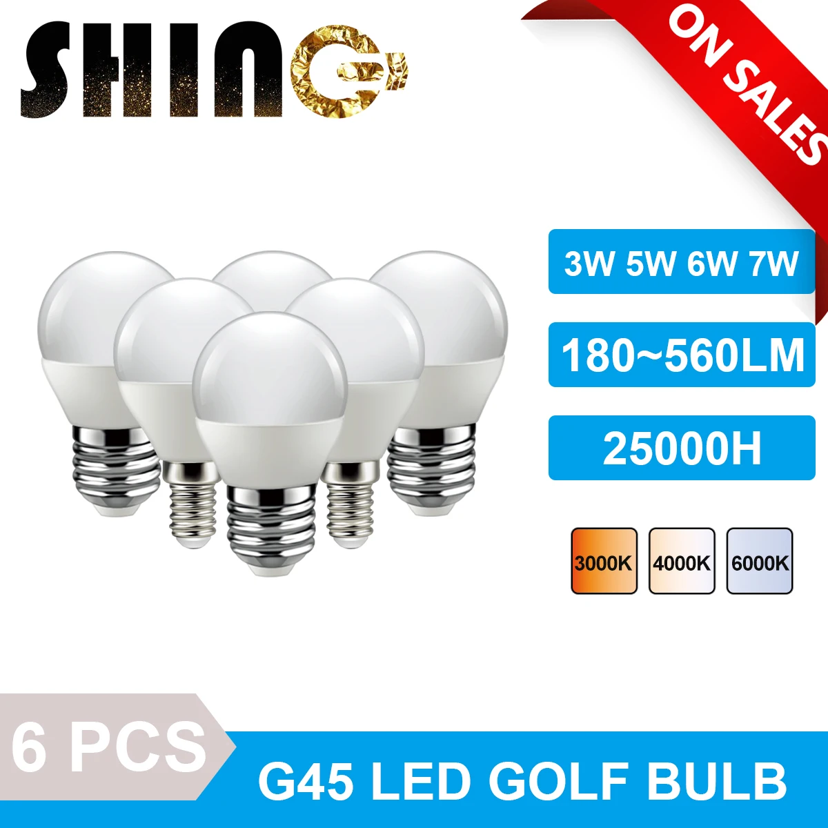 

6pcs/lot Led Golf Bulb G45 3W 5W 6W 7W Warm White 3000K Cold White 6000K Daylight 4000K E27 E14 220V 120V Home Decoration Lamp