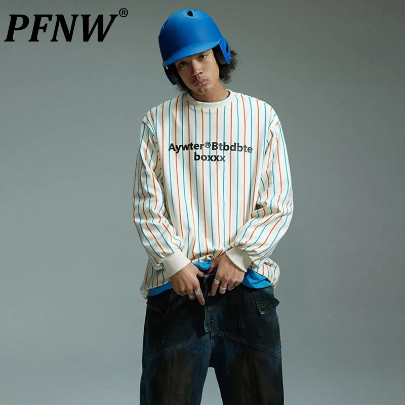 

PFNW Striped Stitching Color Men's Sweatshirt American Stylish Retro Male Printing Pullovers Casual 2024 Spring New Tops 28W2916