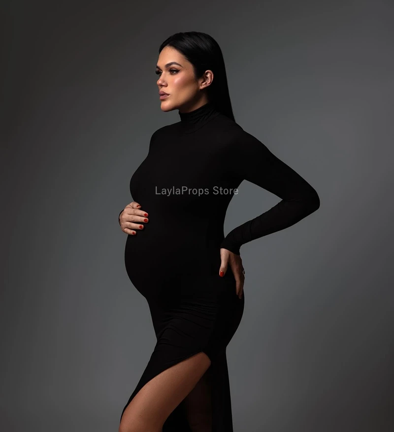 

Maternity Dresses Stylish Round Neck Maternity Maxi Dress with Thigh High Slit Ideal for Photography Casual Wear