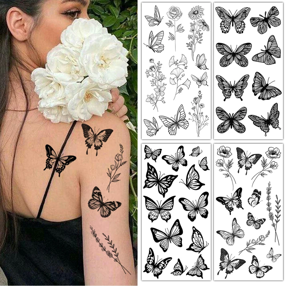 

Временные татуировки в виде соблазнительной бабочки INS, наклейки для искусственных татуировок, реалистичные искусственные черные розы, водонепроницаемые татуировки