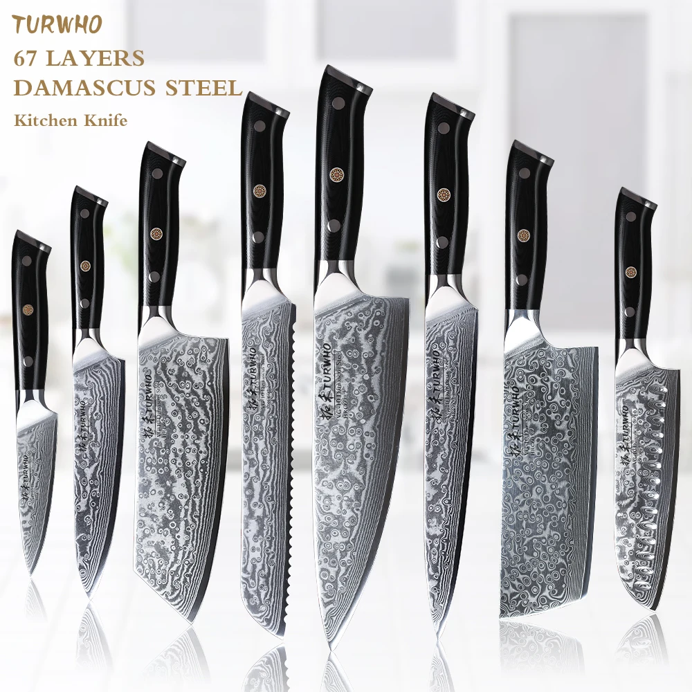 

TURWHO Chef Knife 1-5 PCS Kitchen Knives Set 67 Layer Damascus Steel Japanese Nakiri Santoku Cleaver Slicing Bread Utility Knife