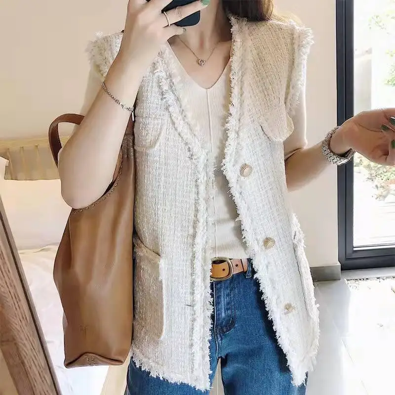 

Korean Woman Vest Sleeveless Tweed Jacket Coat Tank Top Single-breasted Pockets Spring Autumn Outerwear Raw Edge Solid Vest