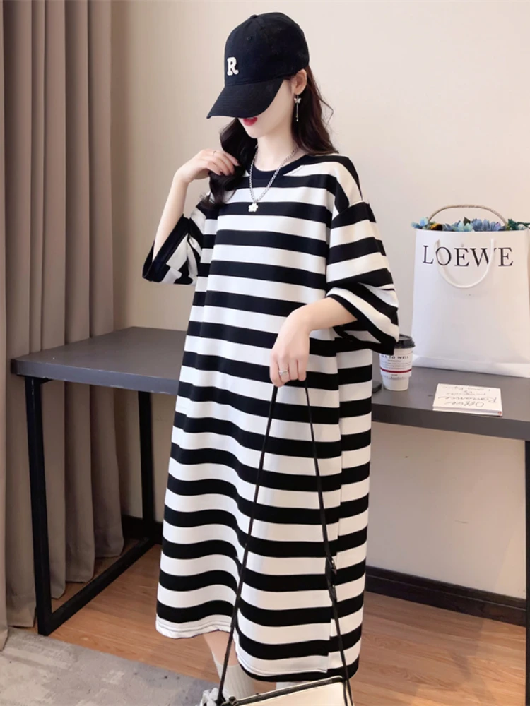 

Black White Stripes Maternity Cotton Dress Summer Plus Size O-Neck Loose Casual Hoodies Pregnant Woman A-Line Dress Wholesale