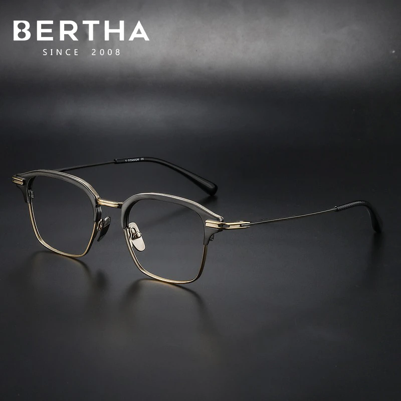 

BERTHA Ultralight Pure Titanium Glasses Frame Japanese Retro Big Face Eyes Half Frame Lens Myopia For Men Prescription AT22142