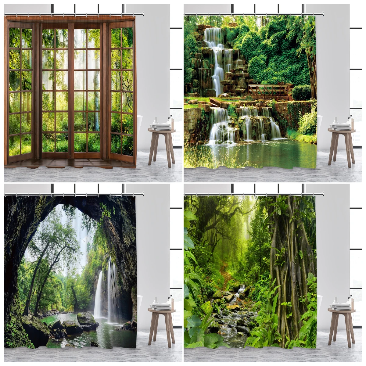 

Forest Landscape Shower Curtains Tropical Jungle Plants Waterfall Park Nature Scenery Fabric Bathroom Curtain Decor With Hooks