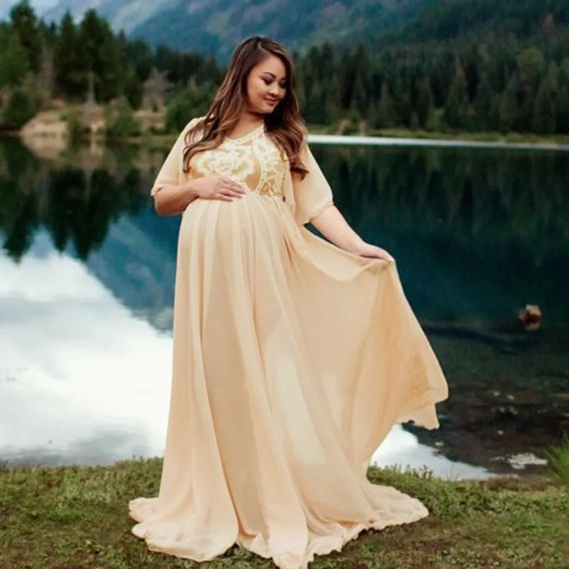 

Длинное платье для беременных с оборками кружевное платье с открытыми плечами тянущиеся Макси платье для беременных платье для фотосессии