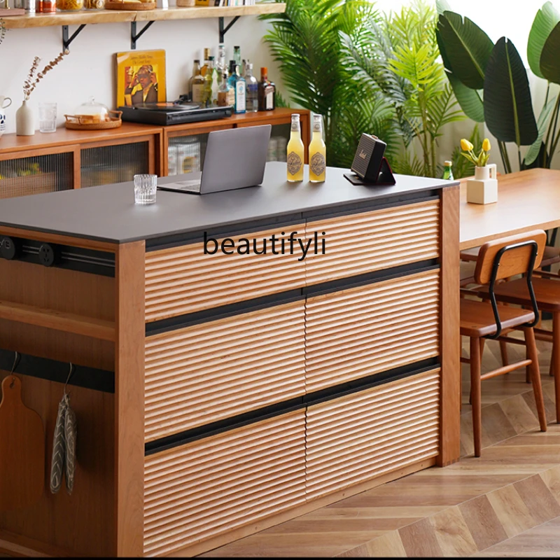 

Solid Wood Stone Plate Kitchen Island Cherrywood Zhongdao Sideboard Cabinet Dining Table Integrated