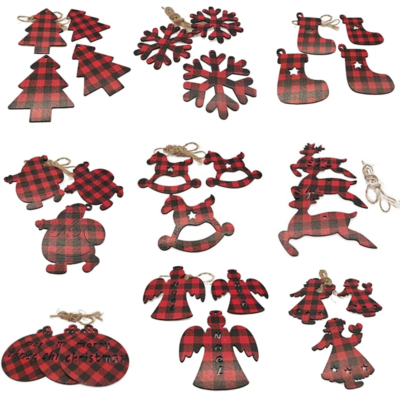

10PCS Christmas Tree Hanging Decorations Wooden Pendants Ornaments Single Side Red Lattice Snowflake Xmas Gift