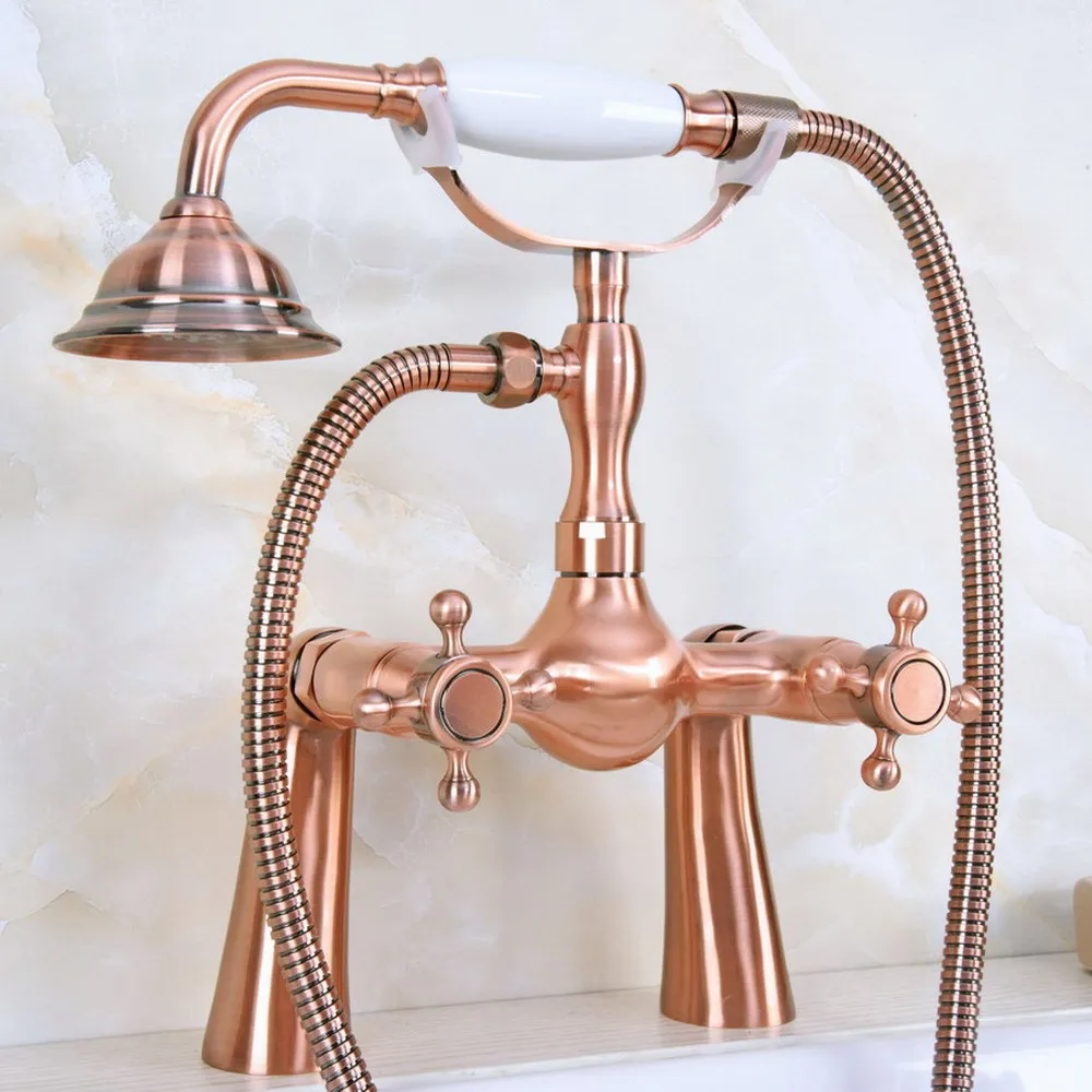

Antique Red Copper Double Handle Deck Mounted Bathroom Bath Tub Faucet Set with 1.5M Hand Held Shower Spray Mixer Tap 2na163