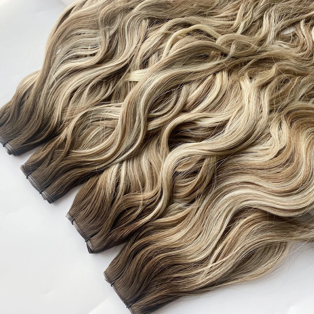 

2024 Hot Selling Russian Double Drawn Balayage Color Curly Natural Wave Invisible Genius Weft Human Hair Extension