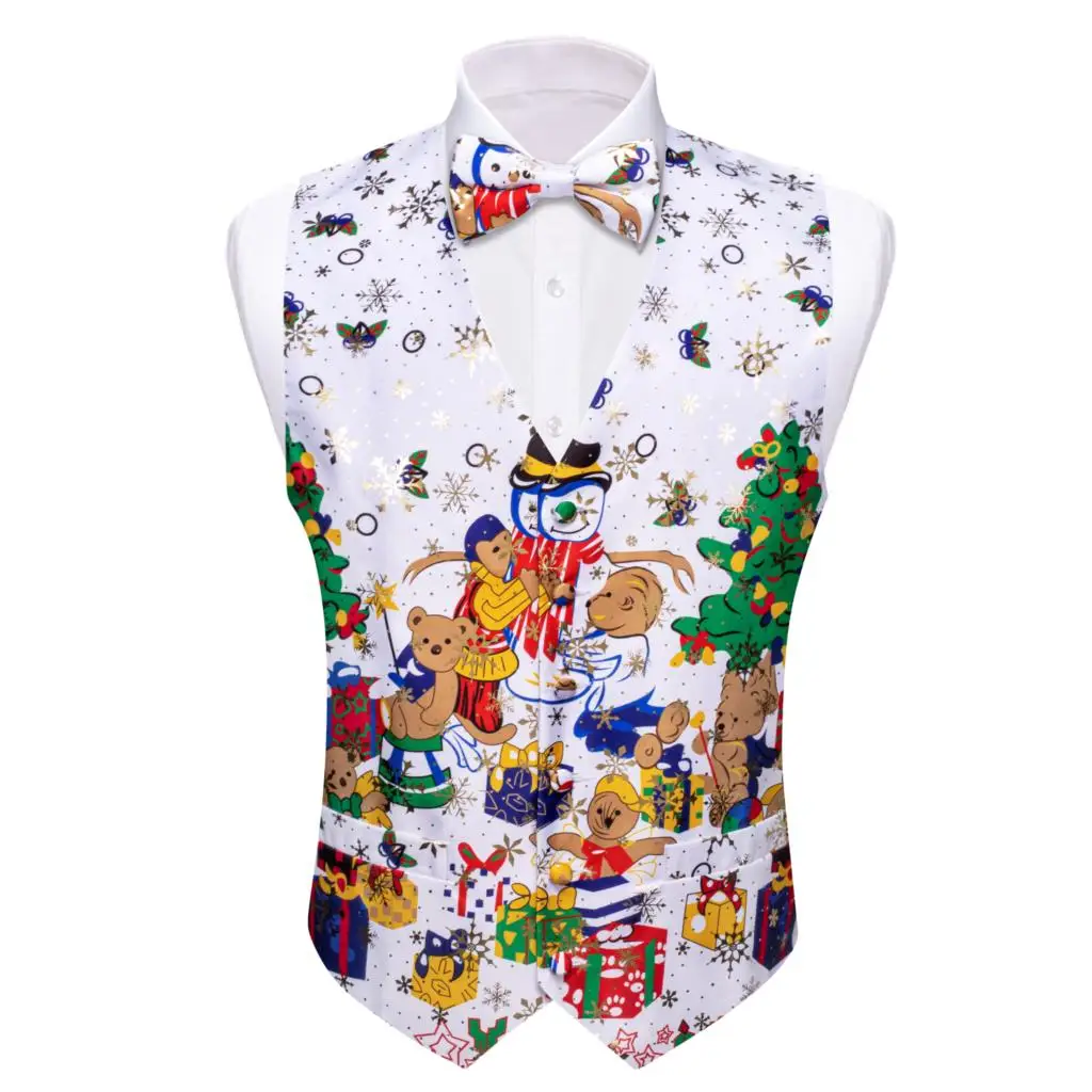 

Christmas Mens Vest Silk White Red Snowman Gift Trees Santa Claus Elk Waistcoat Tie Bowtie Set Party Festival Barry Wang