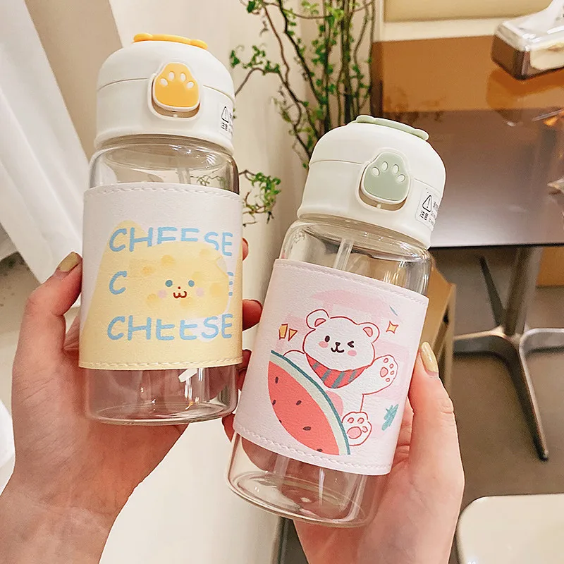 Kawaii Cartoon Glass Water Bottle with Straw 13oz Kawaii Cartoon Glass Water Bottle with Straw 13oz