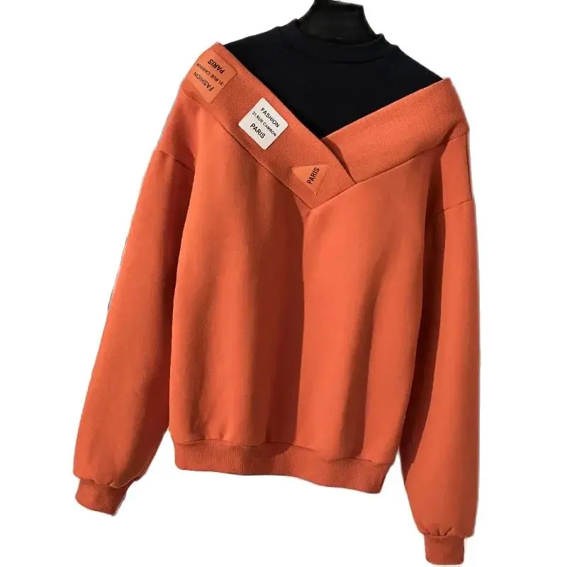 

Осенне-зимний Повседневный флисовый свитер из двух частей, новинка 2024, женский свободный пуловер с высоким воротником, Модный женский топ контрастных цветов