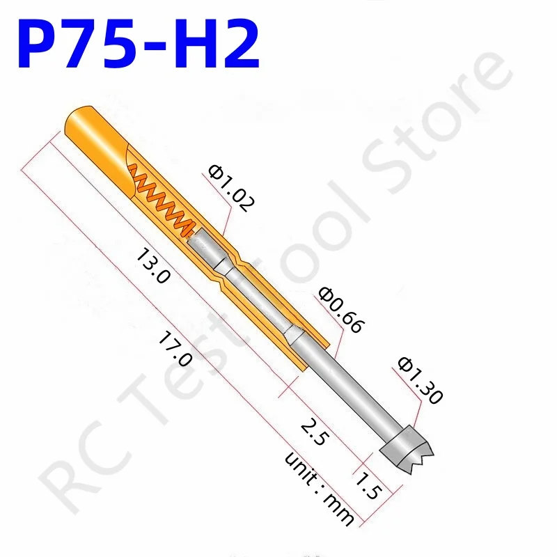 

100PCS Spring Test Probe P75-H2 Test Pin Copper Nickel Plated Electroni Spring Test Pin Head Dia 1.30mm P75-H Pogo Pin 1.02mm