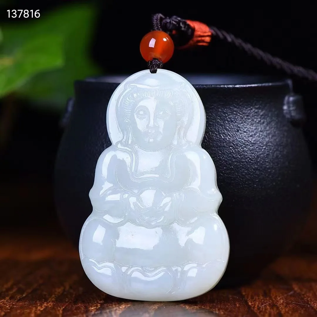 

Natural 100% real white hetian jade carve guanyin pendant Bless peace necklace jewellery for men women gifts luck jade