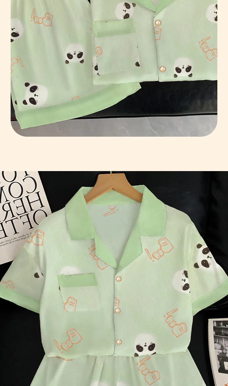 Summer Women's Ice Silk Fashion New Cartoon Pajamas Homewear Set Girls Color Collision Lapel Short-Sleeved Casual Homewear Set 33 S1599e3161b1749169cbf6a6f542ec2b0Z