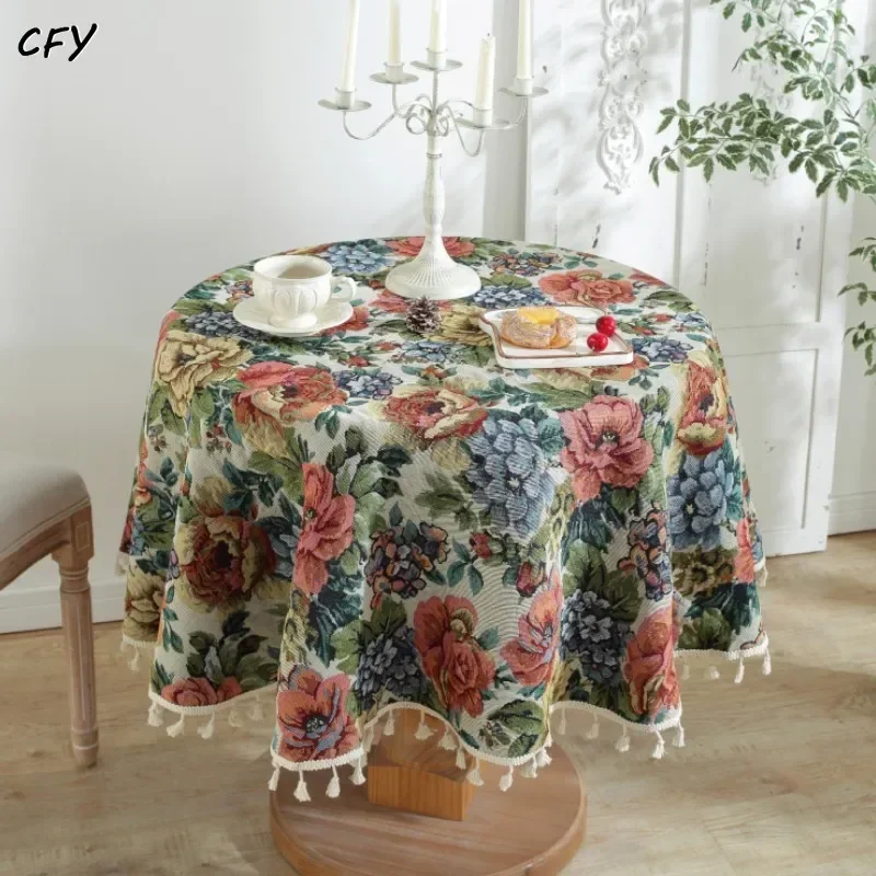 

Cotton Linen American Vintage Jacquard Rose Round Table Cloth Fabric Coffee Cafe Decor Table Cover Room Decor Aesthetic