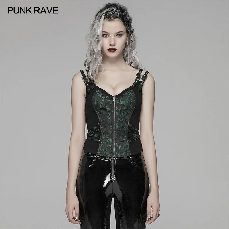 

PUNK RAVE Women's Gothic Front Zipper Lacing Jacquard Vest Steampunk Club Fashion Women Waistcoat Tops