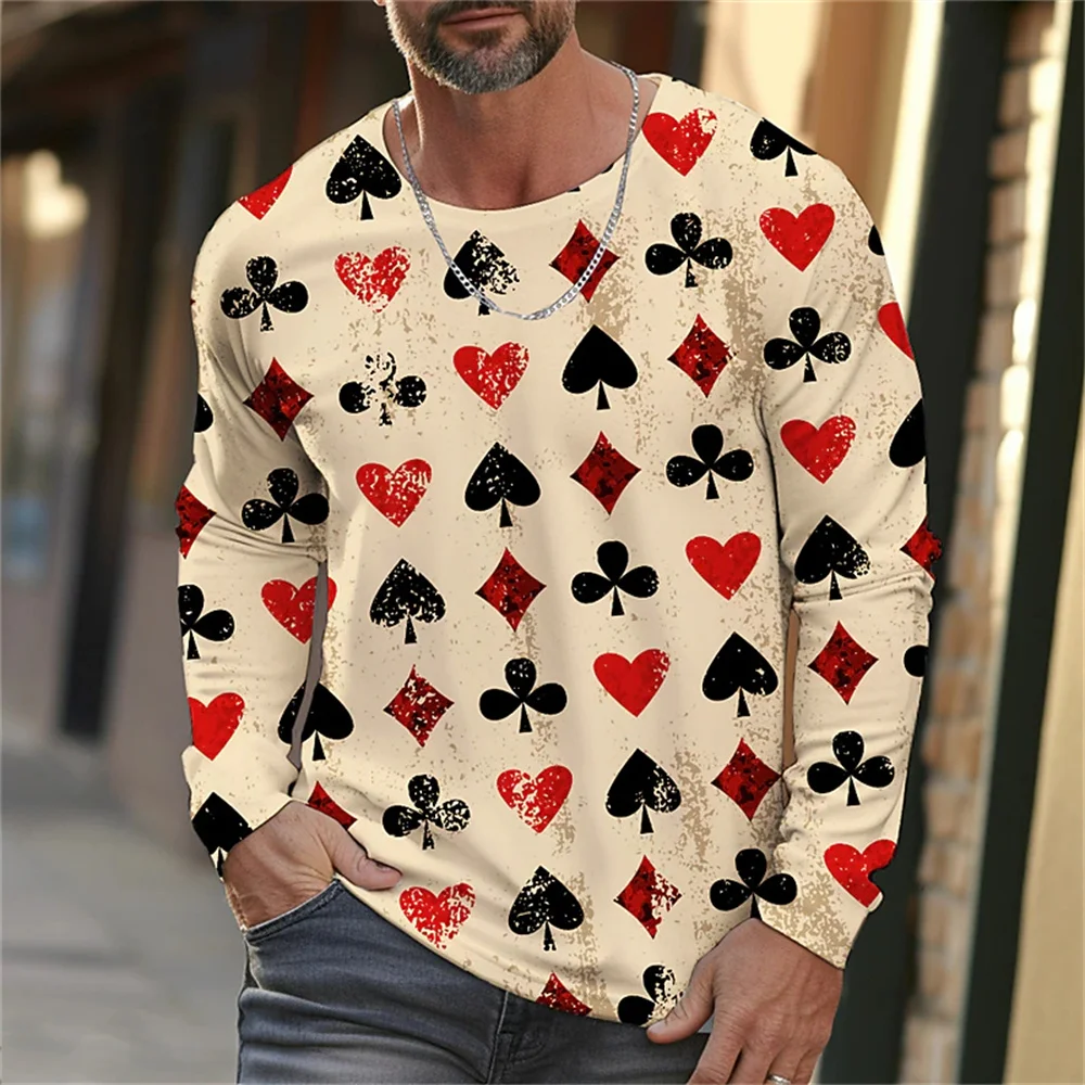 

2024 Spring Fashion Men's Clothing Poker Elements Geometric Graphics 3D Printed Round Neck Sports Casual Long Sleeved T-Shirt To