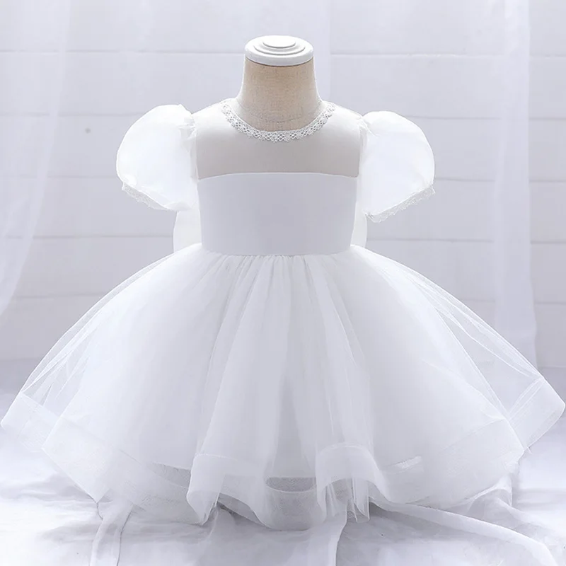 

Summer White Pink Toddler Baptism 1st Birthday Dress Baby Girl Clothes Princess Wedding Lace Party Puff Sleeves Kids Costume