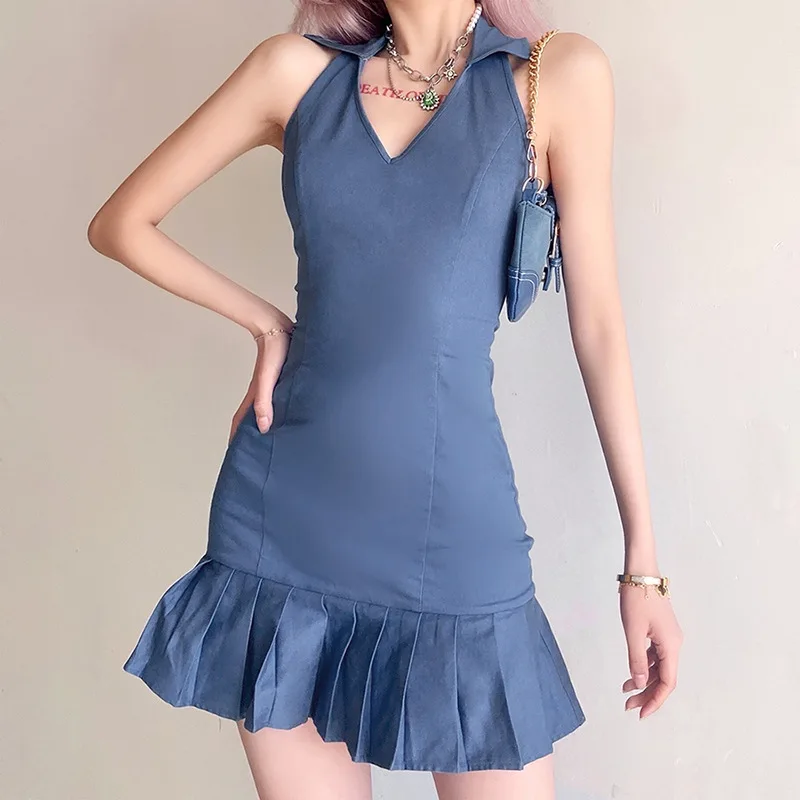 

Women's New Summer Sexy Hanging Neck Halter Back Slimming Temperament Arm-wrapped Solid Color Sleeveless Ruffled Dress