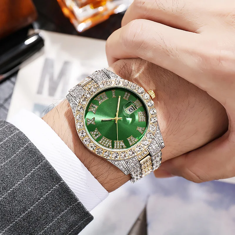 Men's watches European and American pop-up men's steel strap hip-hop Roman scale diamond-set calendar men's quartz watches
Men's watches European and American pop-up men's steel strap hip-hop Roman scale diamond-set calendar men's quartz watches
