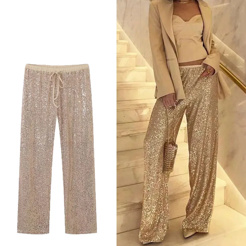 

TRAF Women Sequined Pants Vintage High Waist Elastic Tied Pants 2024 Spring Autumn Woman’s Chic Straight Leg Floor Mop Trousers