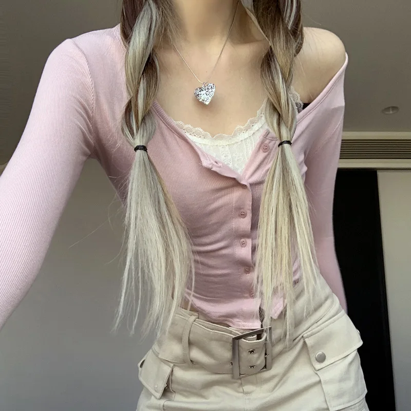 Sexy Fake 2 Lace Tops for Spring/Summer Women's Shirts 2024 New Lace up Single breasted Long sleeve Bottoming T-shirt for Ladies
Sexy Fake 2 Lace Tops for Spring/Summer Women's Shirts 2024 New Lace up Single breasted Long sleeve Bottoming T-shirt for Ladies