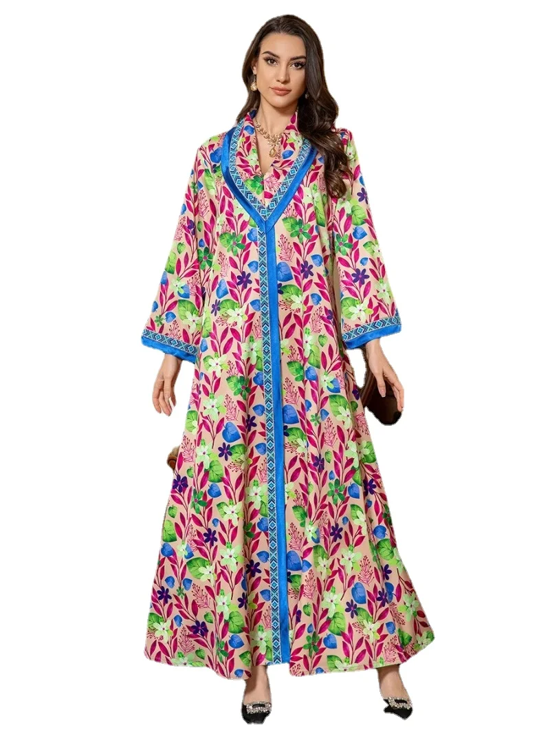 

Ramadan Muslim Women Floral Dresses Tape Trim Saudi African Ethnic Abayas Jalabiyat Moroccan Kaftan Islamic Clothing