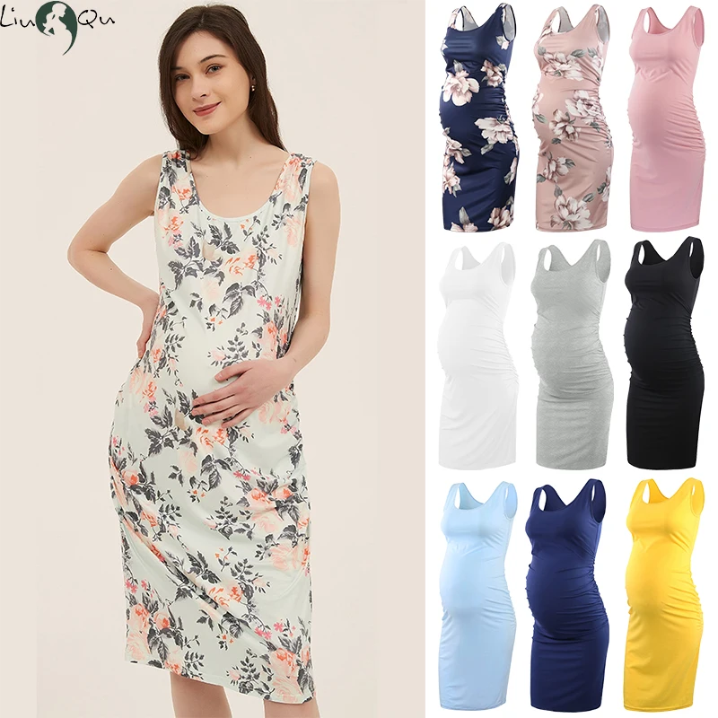 

Liu&Qu Summer Maternity Sleeveless Tank Dresses Women's Side Ruching Bodycon Pregnancy Dress Pregnant casual Clothing Mama