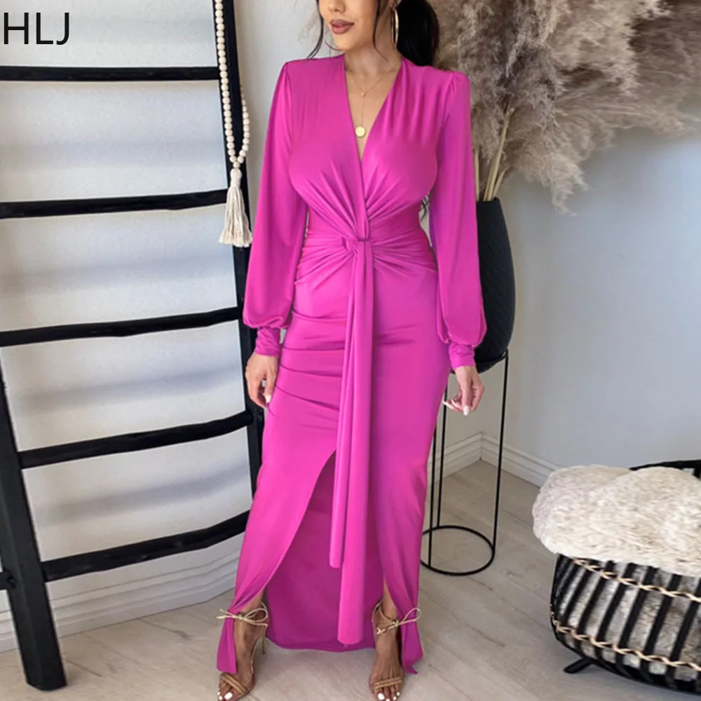 

HLJ Elegant Office Lady Mid Dresses Women V Neck Long Sleeve Pleated Slit Vestidos Female Solid Color Tie A Knot Bodycon Clothes