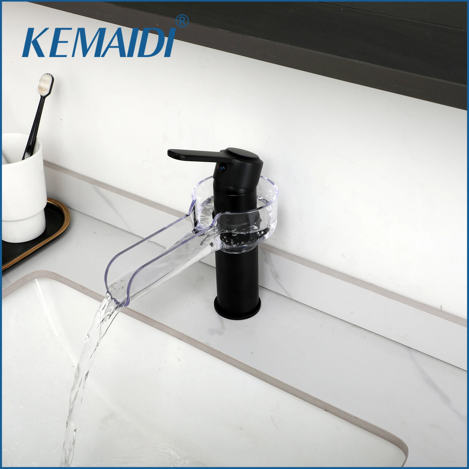 

KEMAIDI Bathroom Faucet Solid Brass Bathroom Basin Faucets w/Waterfall Spout Cold And Hot Water Mixer Sink Tap Deck Mounted