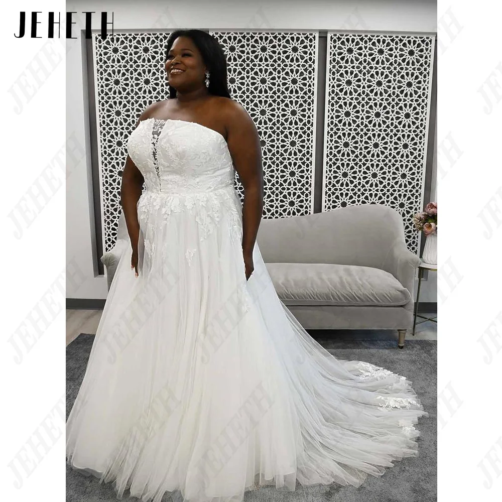 

JEHETH Elegant Wedding Dresses For Woman Sleeveless Strapless Zipper Back Bride Gonws Applique A-Line Tulle vestidos de novia