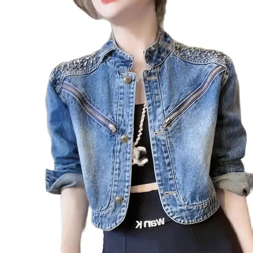 Women Vintage Y2K Streetwear Rhinestone Zipper Button Denim Jacket Casual Stand Collar Long Sleeve Outerwears Jeans Crop Coat
Women Vintage Y2K Streetwear Rhinestone Zipper Button Denim Jacket Casual Stand Collar Long Sleeve Outerwears Jeans Crop Coat