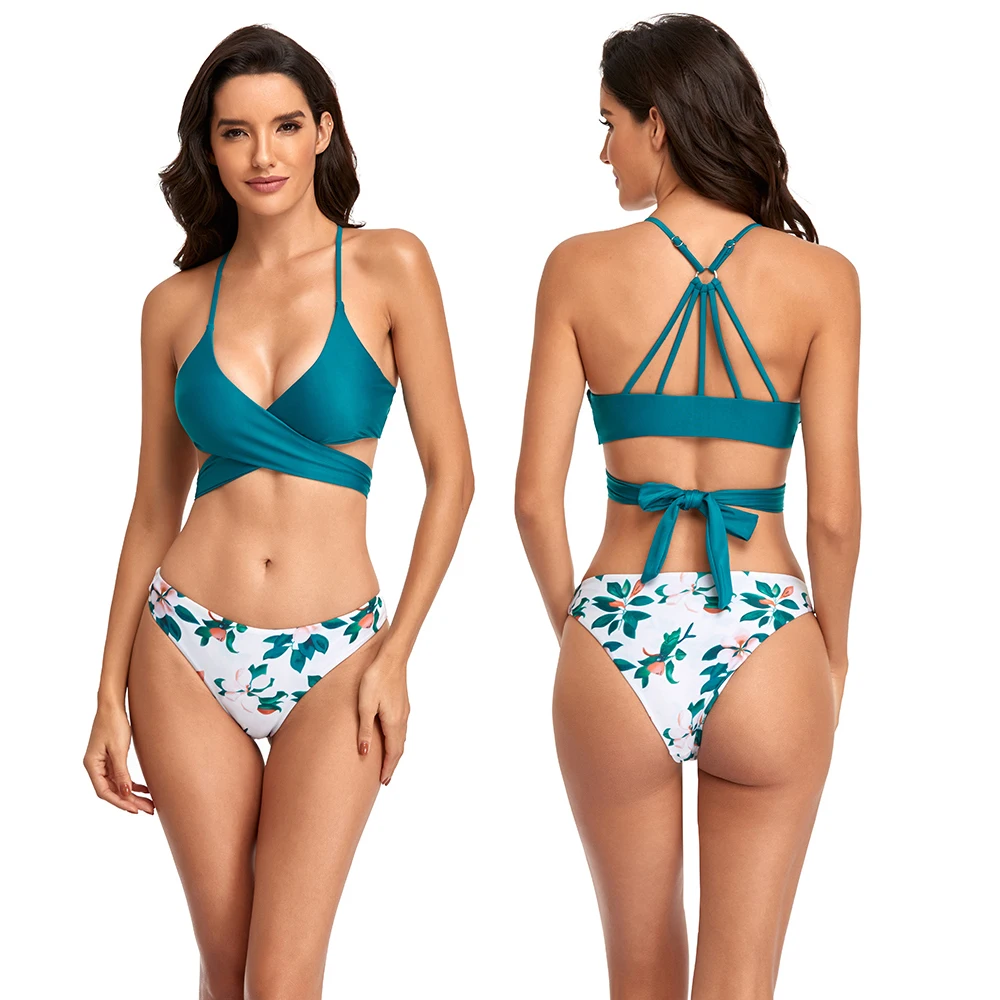 

Lace Up Solid Twist Front Top & Floral Print Low Waist Panty Swimsuit Two Piece Bikini Set Women Swimwear Bathing Suits Biquini