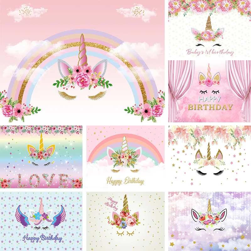 

Dreamy Unicorn Backdrop Rainbow Cloud Flowers Girls 1st 2 Birthday Newborn Baby Shower Party Photography Background Photo Banner