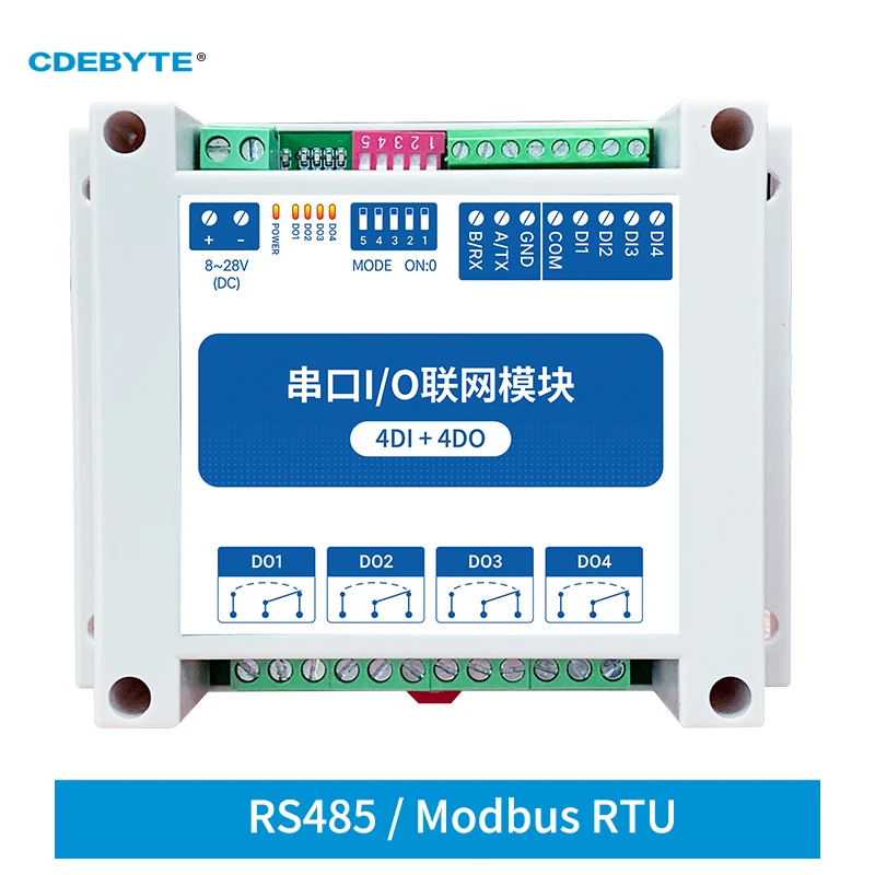 ModBus RTU Serial IO Module RS485 Interface 4DI+4DO 4 Digital Outputs Rail Installation 8~28VDC CDEBYTE MA01-AXCX4040
ModBus RTU Serial IO Module RS485 Interface 4DI+4DO 4 Digital Outputs Rail Installation 8~28VDC CDEBYTE MA01-AXCX4040
