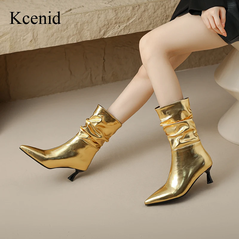 

Kcenid Plus Size Mid Calf Boots Autumn Winter Women High Heels Pointed Toe Shoes Woman Fashion Pleated Gold Silver Ankle Boots