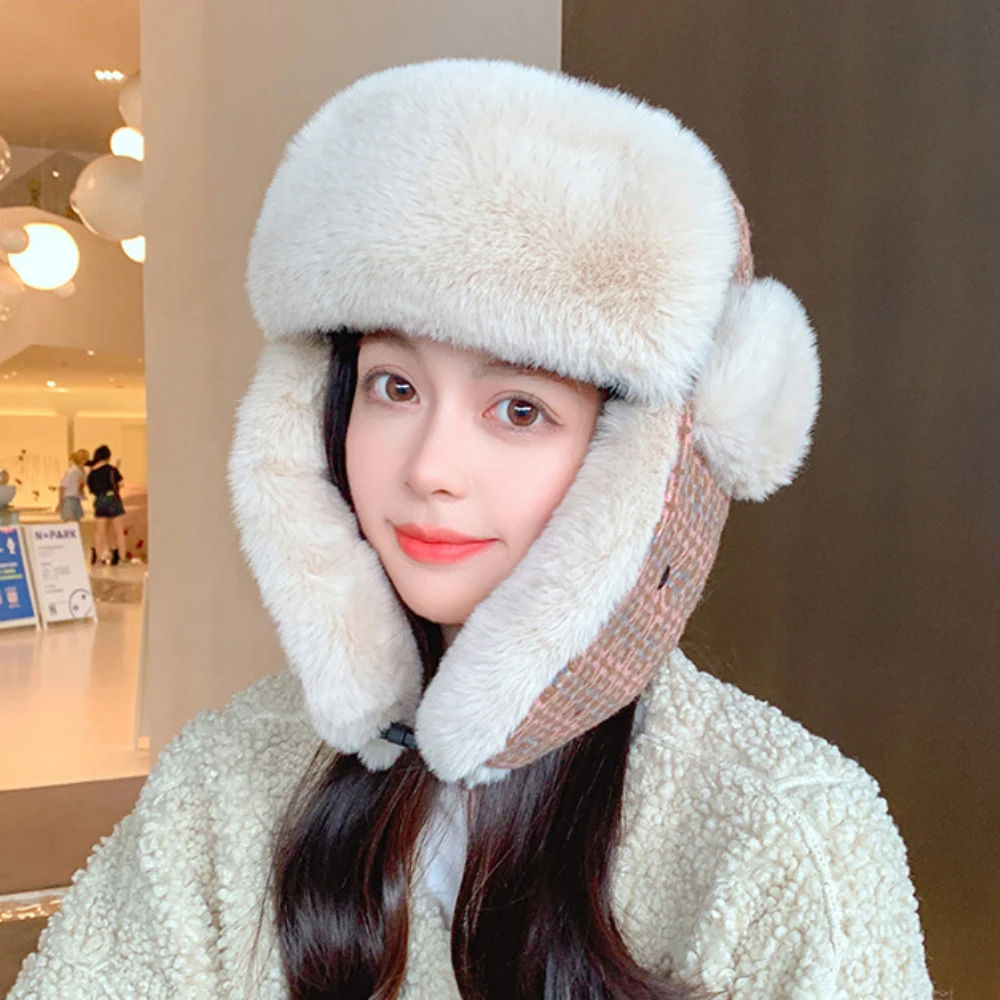 

HT4269 Bomber Hat Female Thick Warm Winter Hat for Women Windproof Snow Ski Trapper Earflap Cap Lady Plaid Soft Fur Russian Hat